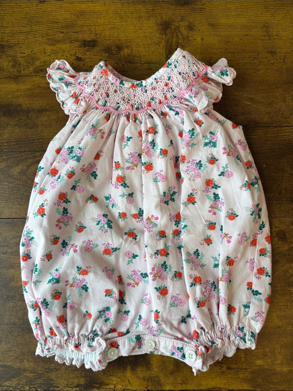 Rachel Riley Pink Floral Smocked Baby Romper
